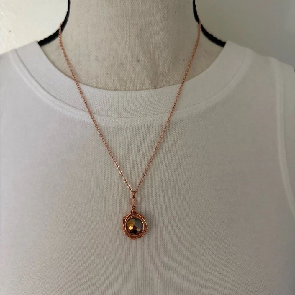 Iridescent Rose Gold Crystal Wire-Wrapped Pendant Necklace